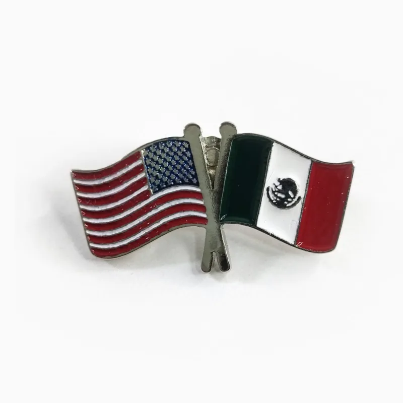 Pin de banderas cruzadas de la amistad en níquel y esmalte, con las banderas de Estados Unidos y México.