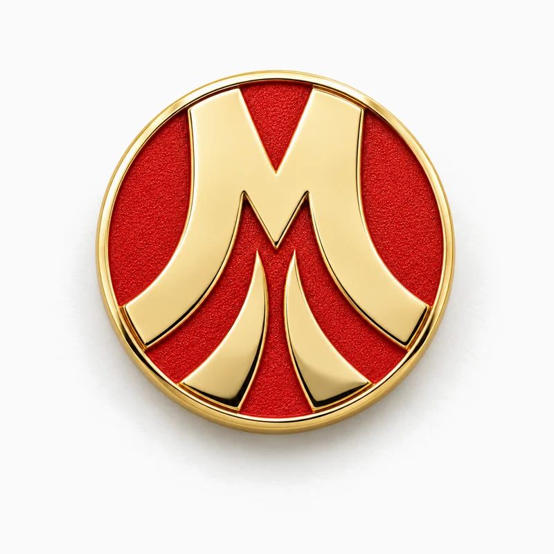 Pin troquelado redondo dorado con una M estilizada sobre esmalte rojo texturizado
