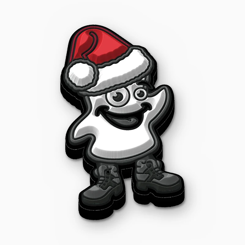 Pin de PVC suave de un personaje blanco sonriente con gorro rojo de Santa y botas grises