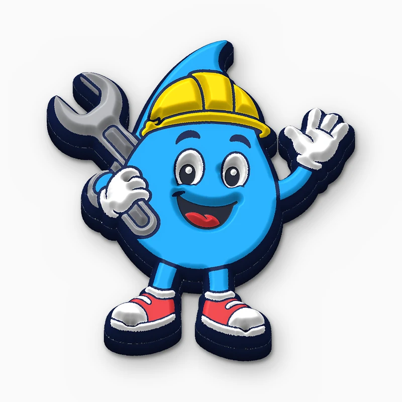 Pin de PVC suave de una gota de agua azul sonriente con casco amarillo, guantes blancos y tenis rojos, con una llave en la mano y saludando
