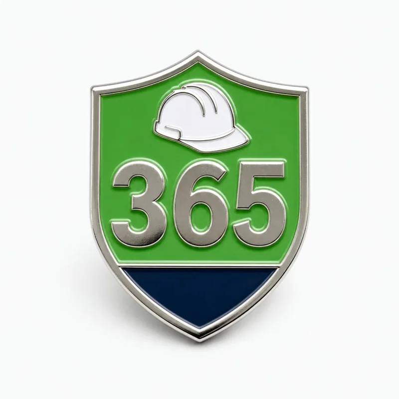 Pin plateado en forma de escudo con un gran «365» en relieve sobre esmalte verde, un casco blanco y una banda azul marino.