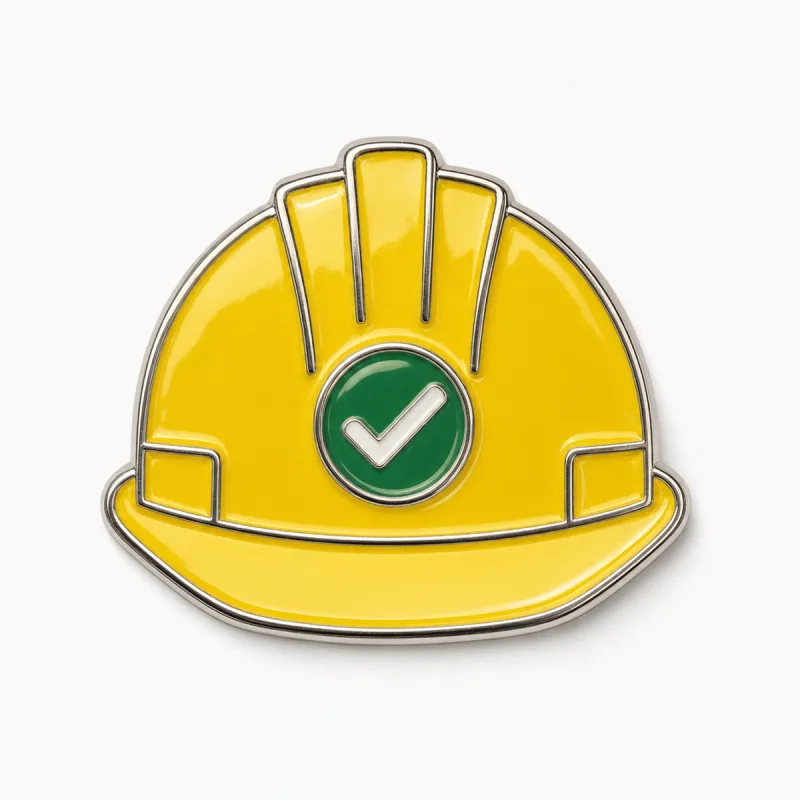 Pin troquelado de casco amarillo en esmalte suave con una insignia verde con marca de verificación.