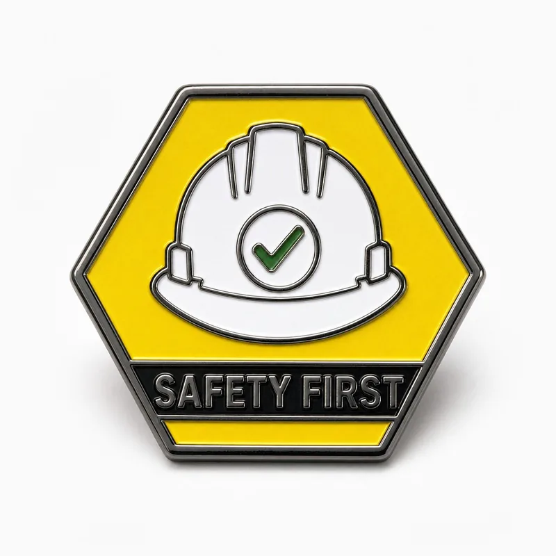 Pin ilustrativo hexagonal de esmalte suave sobre seguridad con un casco blanco y una palomita verde sobre esmalte amarillo y el texto SAFETY FIRST