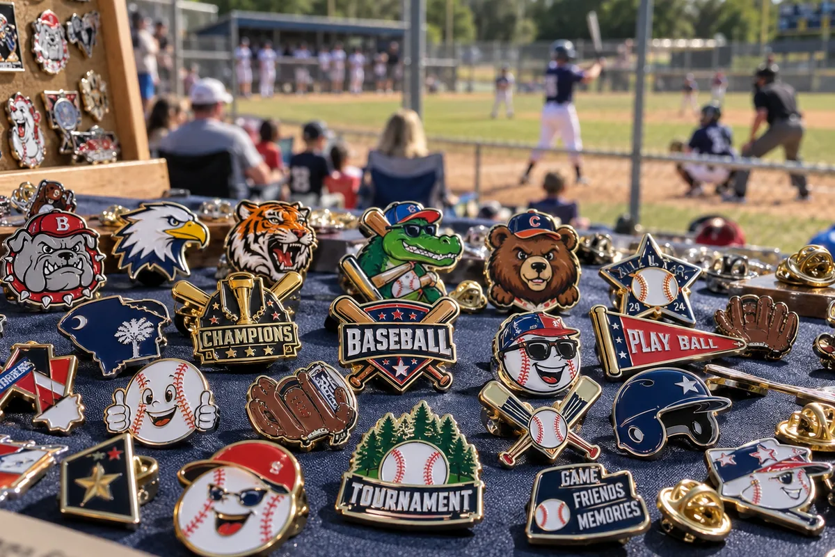 Pins de esmalte suave de béisbol a todo color, con mascotas de equipos y diseños de Champions, Baseball y Tournament, sobre una mesa en un partido de béisbol
