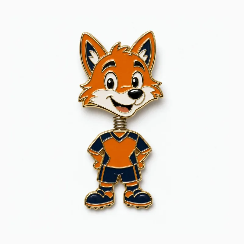 Pin de esmalte suave de una mascota de zorro naranja en uniforme deportivo azul marino, con la cabeza unida al cuerpo por un resorte metálico.