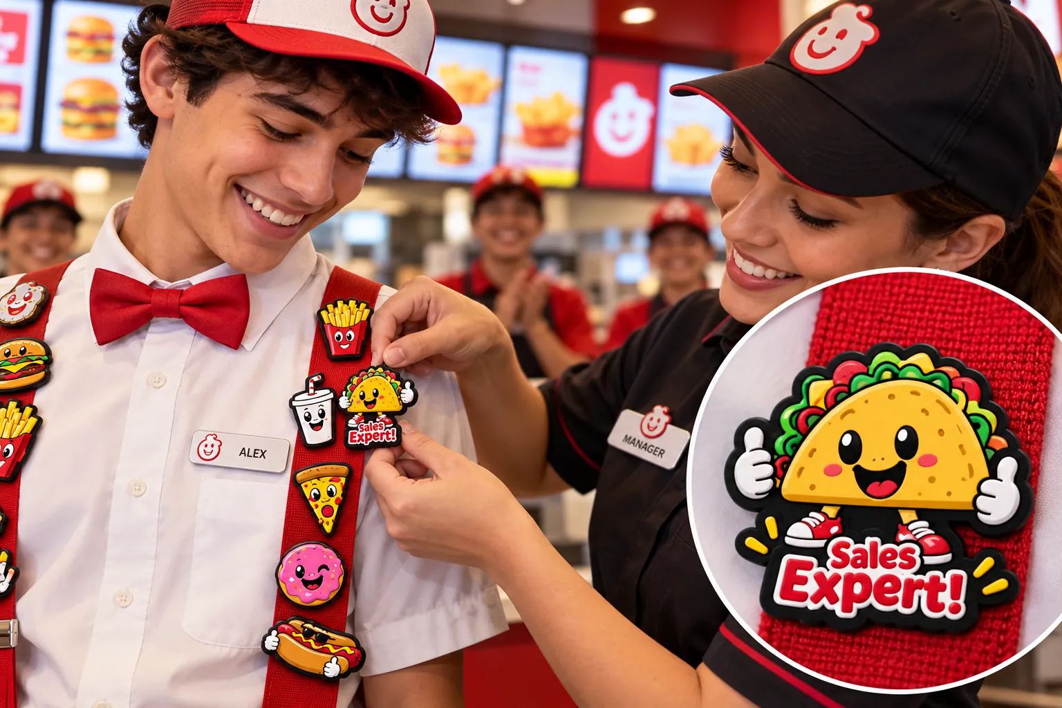 Una gerente coloca un pin de taco "Sales Expert!" en el uniforme de un colaborador sonriente, frente al mostrador de un restaurante de comida rápida