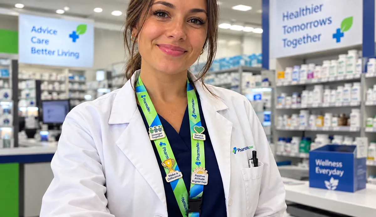 Colaboradora de farmacia con lanyard personalizado y pines de reconocimiento