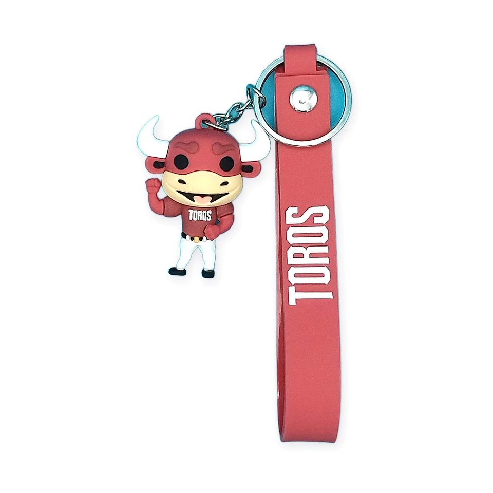 Llavero de PVC suave de una mascota toro con uniforme de béisbol y correa de PVC roja con el texto TOROS.