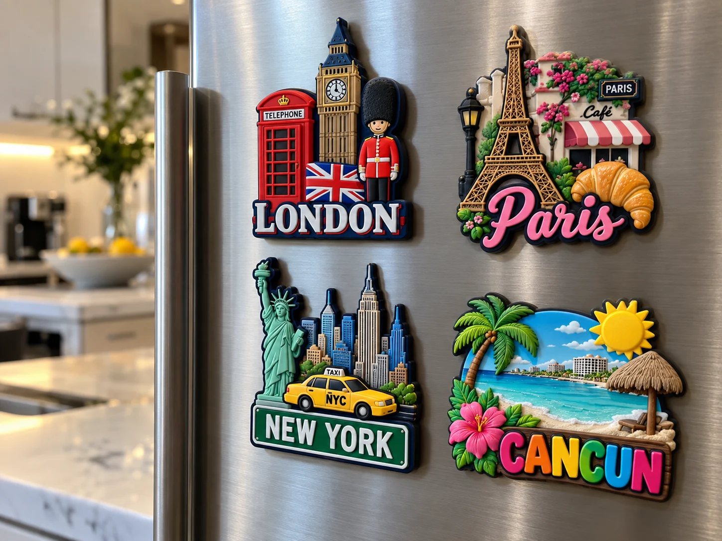 Imanes souvenir personalizados de Londres, París, Nueva York y Cancún en un refrigerador de acero inoxidable