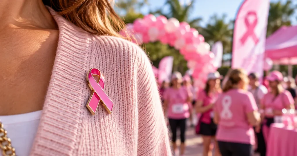 Pin de listón rosa contra el cáncer de mama en un suéter rosa durante una caminata solidaria