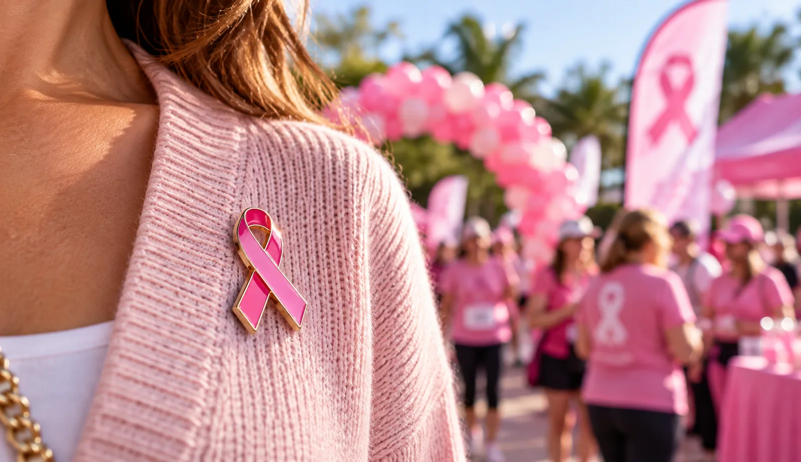 Pin de listón rosa contra el cáncer de mama en un suéter rosa durante una caminata solidaria