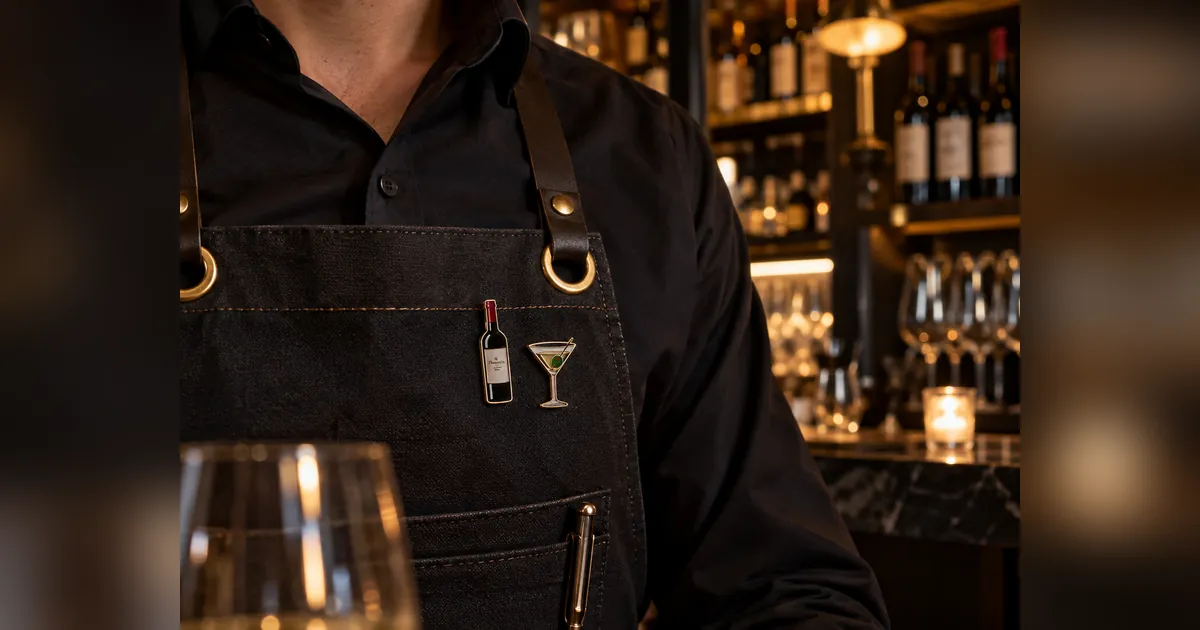 Bartender con mandil y pines de esmalte personalizados de botella y coctel