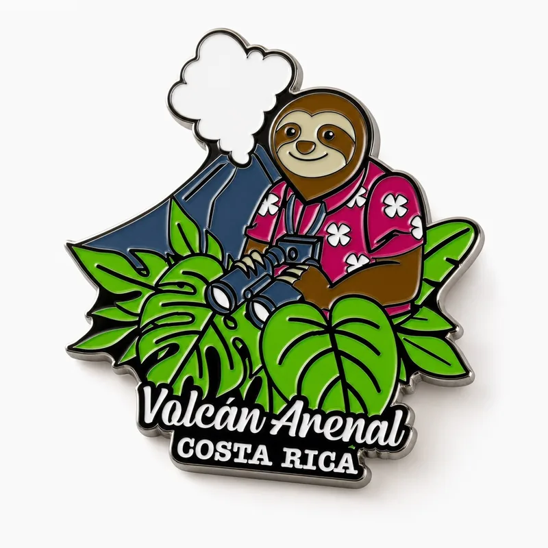 Imán recortado de esmalte suave para el refrigerador de un perezoso con camisa de flores y binoculares entre hojas de monstera frente a un volcán humeante, con el texto Volcán Arenal Costa Rica.