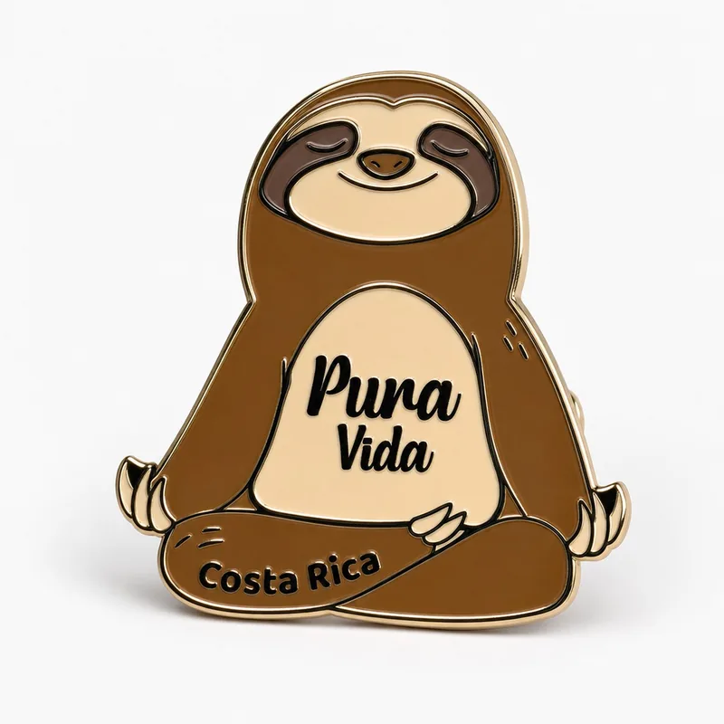 Pin de esmalte suave de un perezoso sentado y sonriente con el texto Pura Vida y Costa Rica.