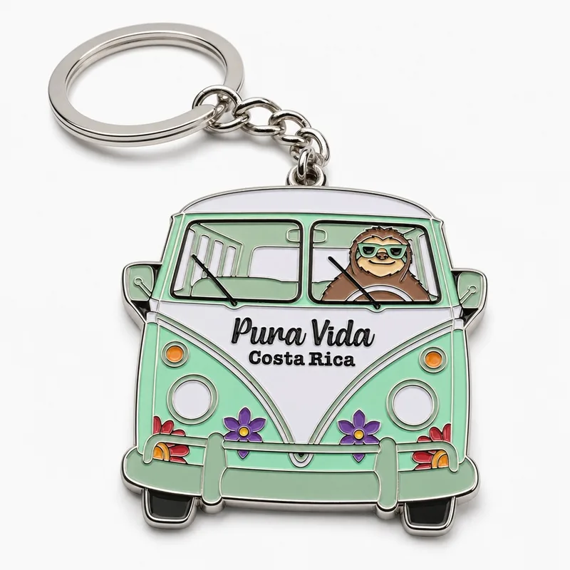 Llavero de metal con esmalte suave de una camioneta camper antigua verde menta manejada por un perezoso, con Pura Vida Costa Rica al frente, en una argolla plateada.