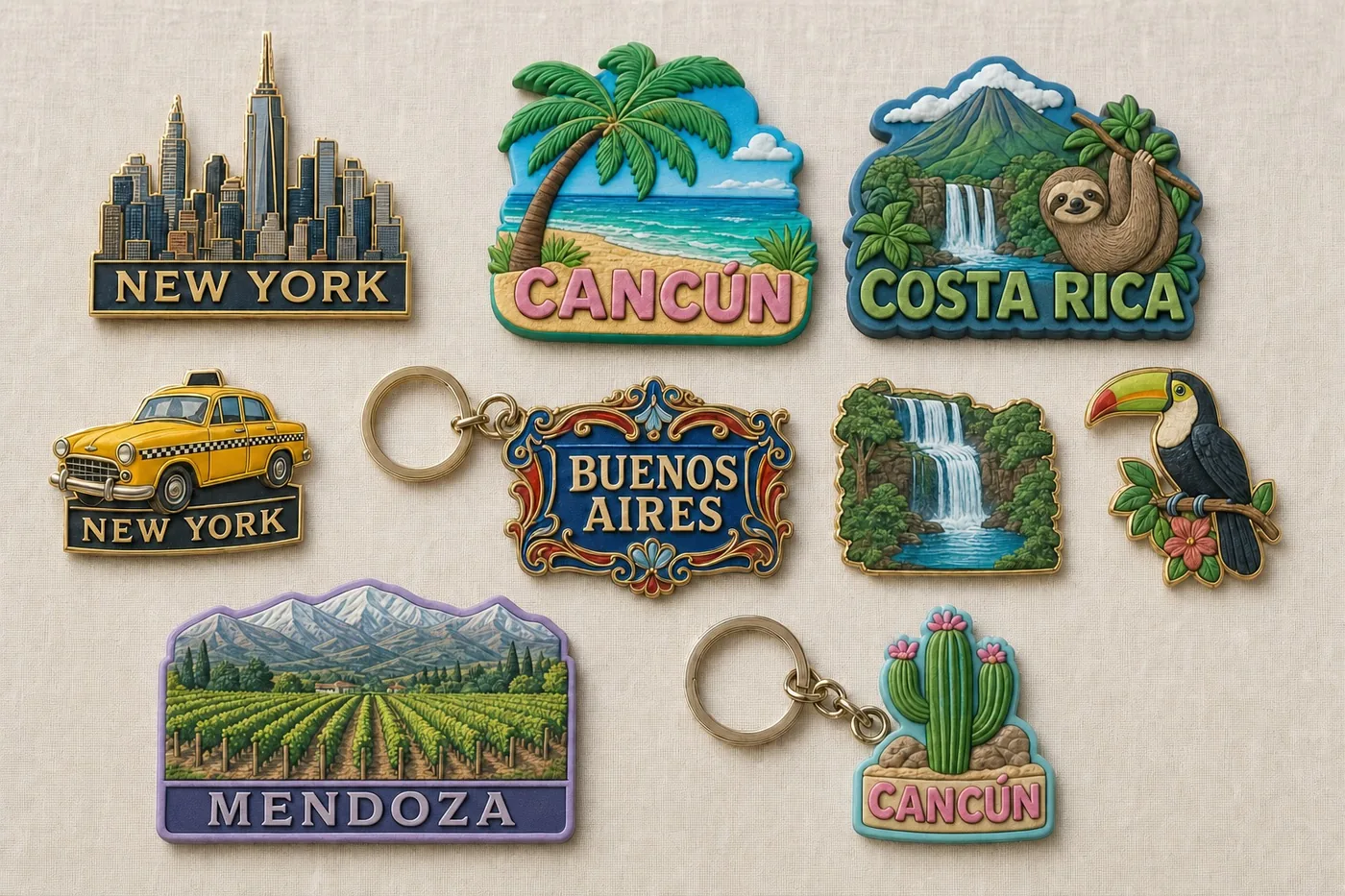 Composición vista desde arriba de pins souvenir, llaveros e imanes de PVC suave personalizados de Nueva York, Cancún, Costa Rica, Buenos Aires y Mendoza sobre una superficie de lino.