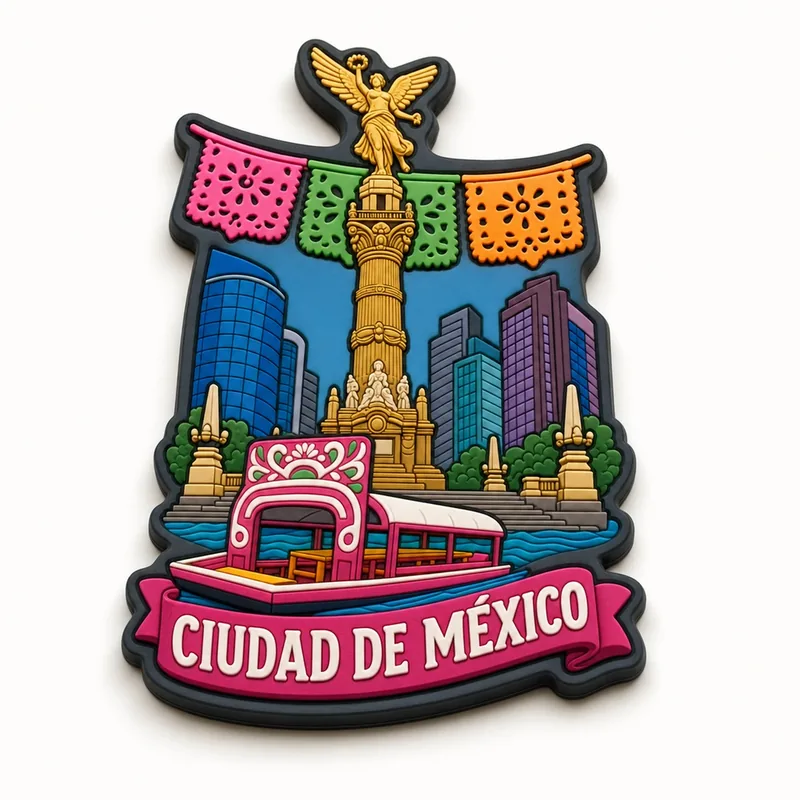 Imán de PVC suave con la columna del Ángel, banderines de papel picado y el texto CIUDAD DE MÉXICO.