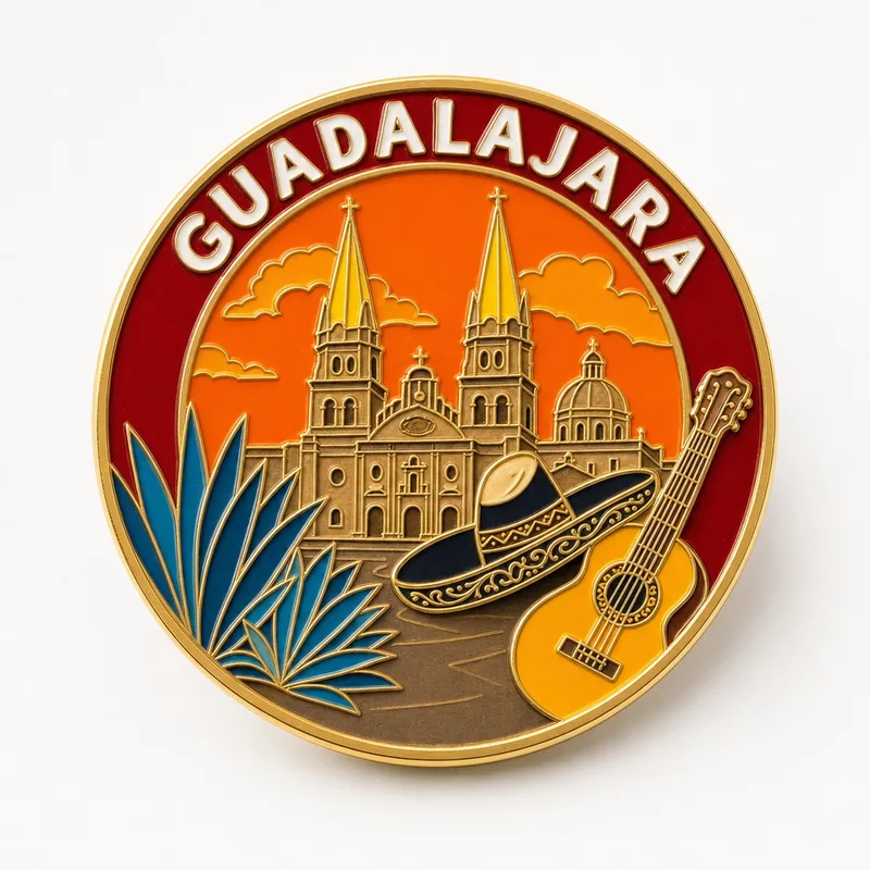 Pin redondo de esmalte con las dos torres de la catedral, agaves y un sombrero, con el texto GUADALAJARA.