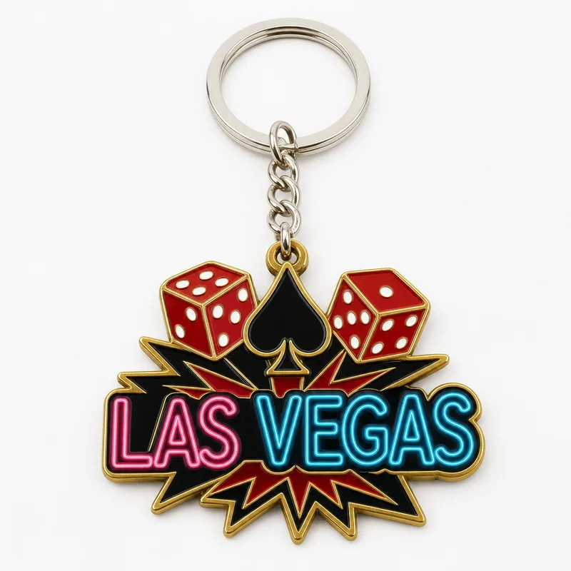 Llavero de esmalte suave con dados y una explosión con el símbolo de espadas y el texto LAS VEGAS estilo neón, en una argolla.