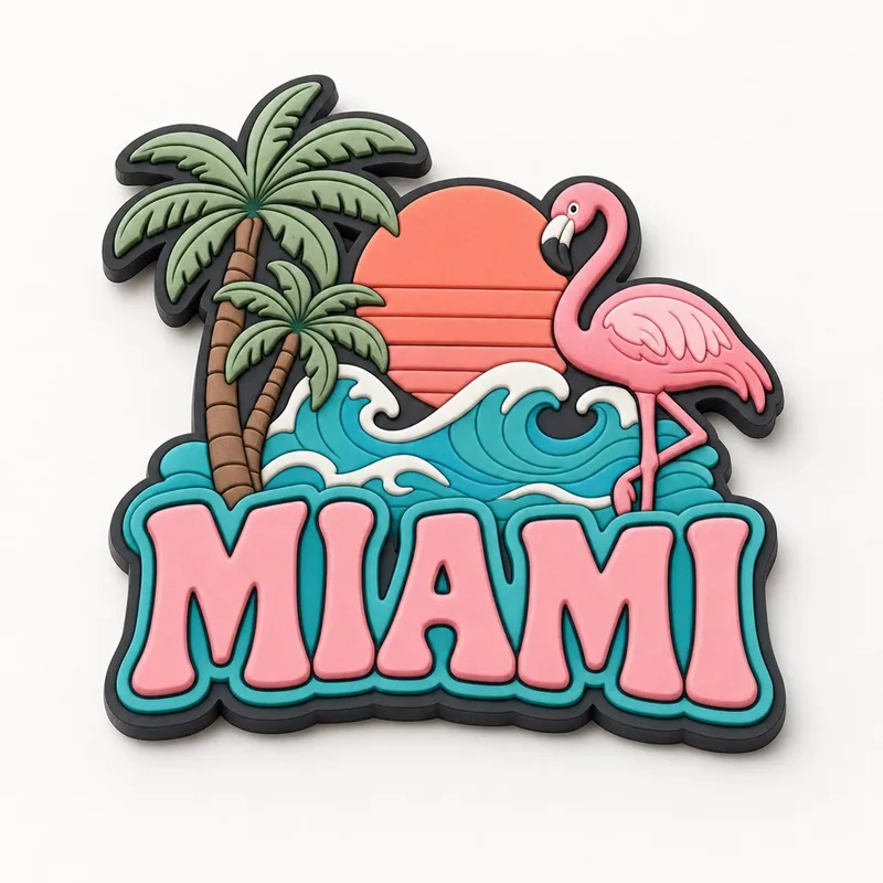 Imán de PVC suave para el refrigerador con palmeras, olas turquesas, un flamenco rosa y el texto MIAMI.
